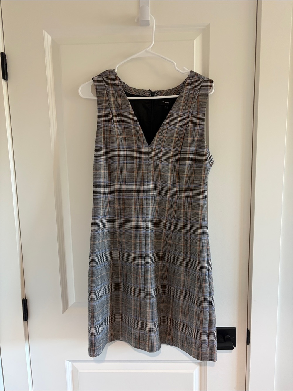 Theory Gray Plaid V-Neck Sleeveless Shift Dress